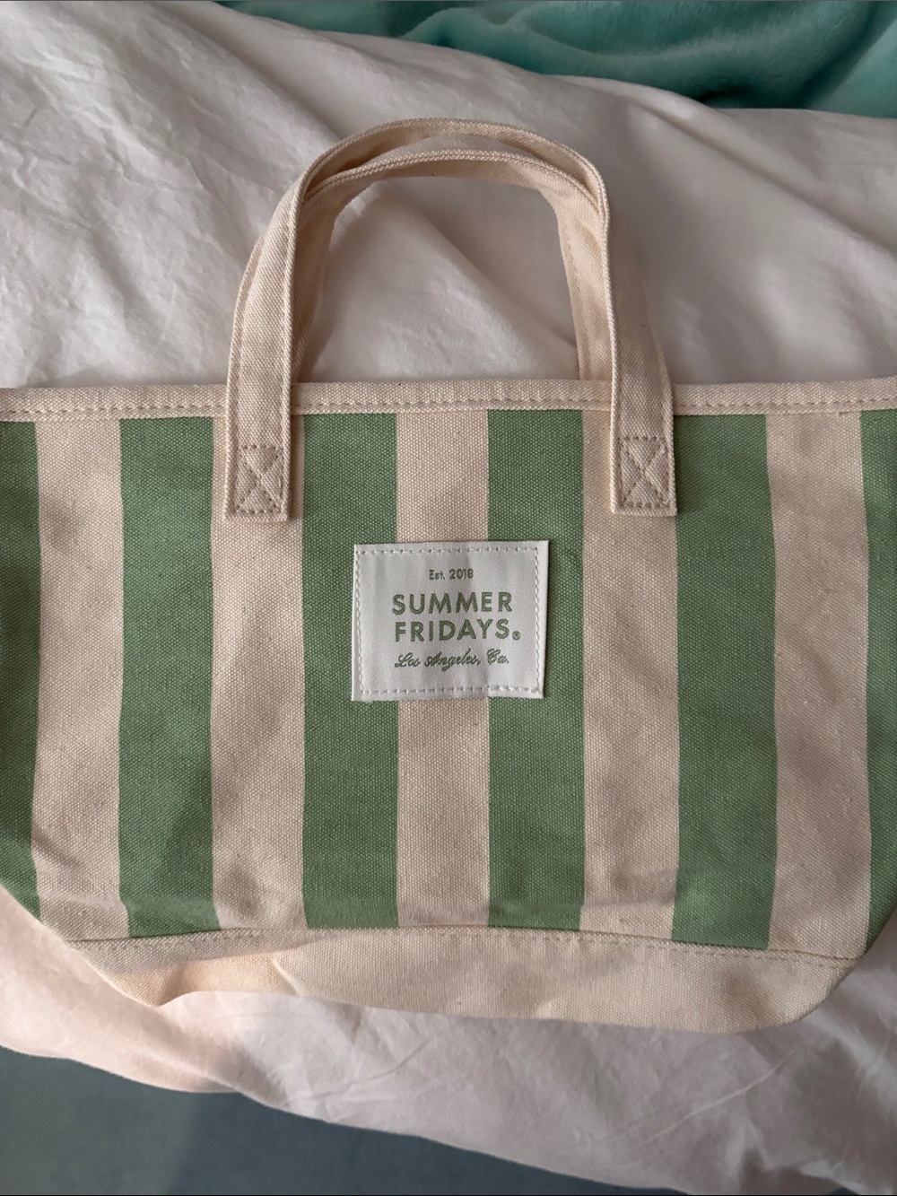 Summer Fridays Green and Cream Striped Canvas Tote
